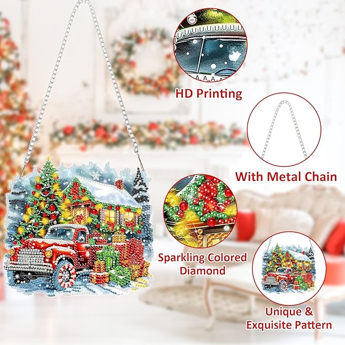 SENQAO Christmas Diamond Art Hanging Kits for Adults Kids, Truck Christmas Gifts Diamond Art Suncatchers, 5D Special Shape Diamond Painting Pendant Window Ornament Gifts for Home Door Wall Decor
