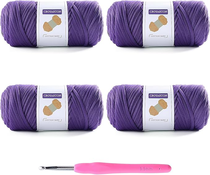 4 Pack Tshirt Yarn for Crocheting, Elastic T Shirt Spaghetti Thick Knitting Yarn Total Length 260 Yds for Crochet Bag Baskets Home Decor with 1 Crochet Hook (4-Purple)