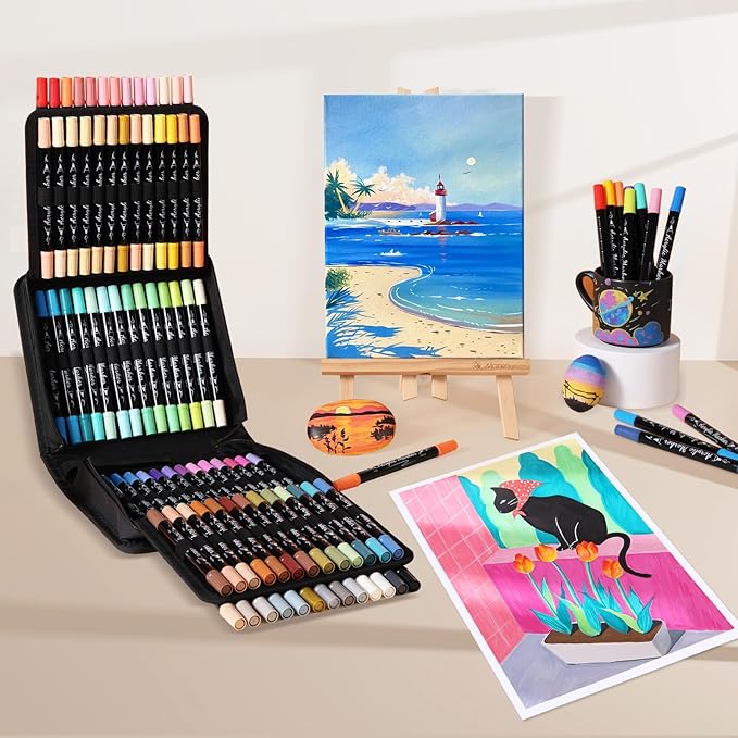 80 Colors Acrylic Paint Markers - Waterproof Dual Tip Acrylic Paint Pens with Brush & Fine Tip Professional Marker Set Scrapbook Markers for Paper Rock Wood Fabric Glass Ceramic and DIY Crafts