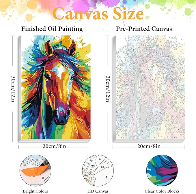 Okarina Framed Paint by Numbers Kit for Adults Beginner Horse, Adult Paint by Number Kits on Canvas Framed Animal, DIY Acrylic Oil Painting by Numbers with Frame, Perfect for Home Decor 8 X 12 Inch