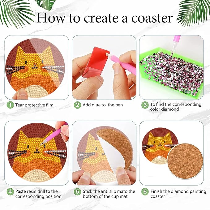 EWJRNSF 6 PCS Diamond Painting Coaster Set - Small Diamond Painting Coasters Kit for Beginners and Adults - Art Craft Supplies Item Cat