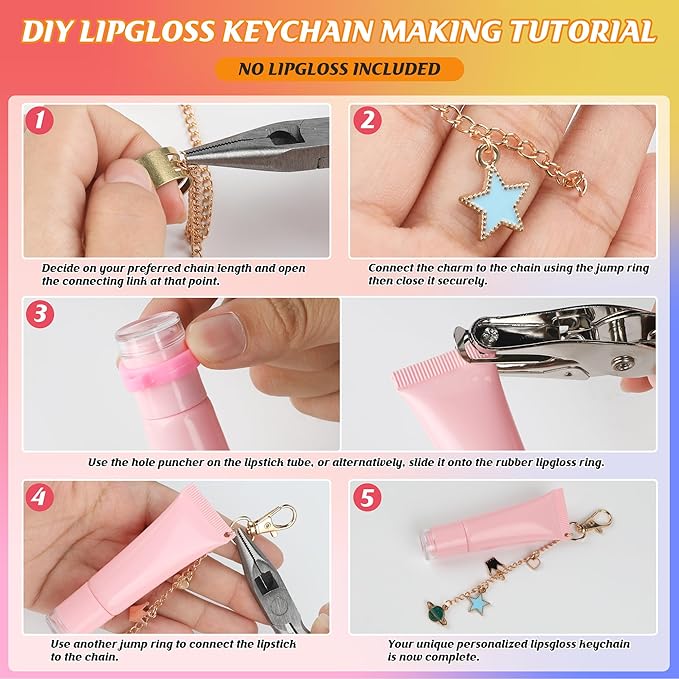 Starry 451 Pcs Lip Gloss Keychain Making Kit 126 Charms 22.97 ft Gold Chains with 30 Lipgloss Rubber Rings 20 Keychain Clips DIY Crafts for Women