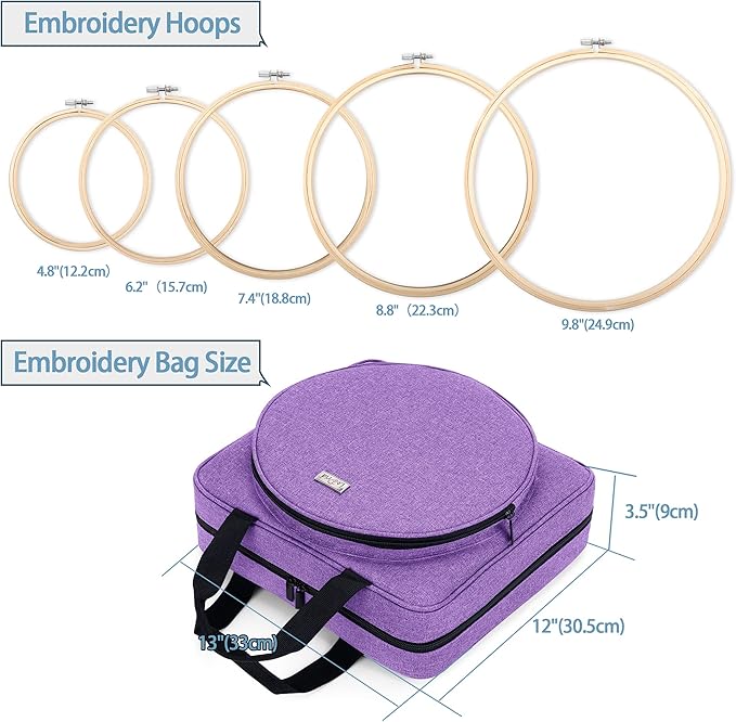 LoDrid Embroidery Kit, Embroidery Project Bag with Embroidery Kit, Portable Craft Carry Case with Starter Kit, Embroidery Supplies Storage Bag and Cross Stitch Kits for Beginner, Adults, Purple