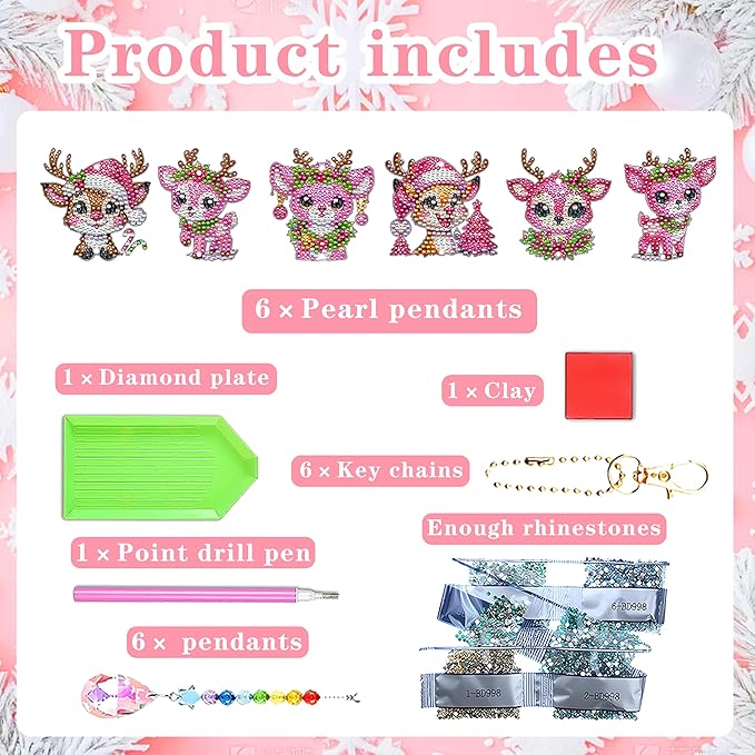 JeCuiK 6 Pcs Diamond Painting Wind Chimes Pink Deer Diamond Art Christmas Ornament Kits Suncatcher 5D DIY Diamond Art Kits for Adults Holiday Xmas Best Gifts