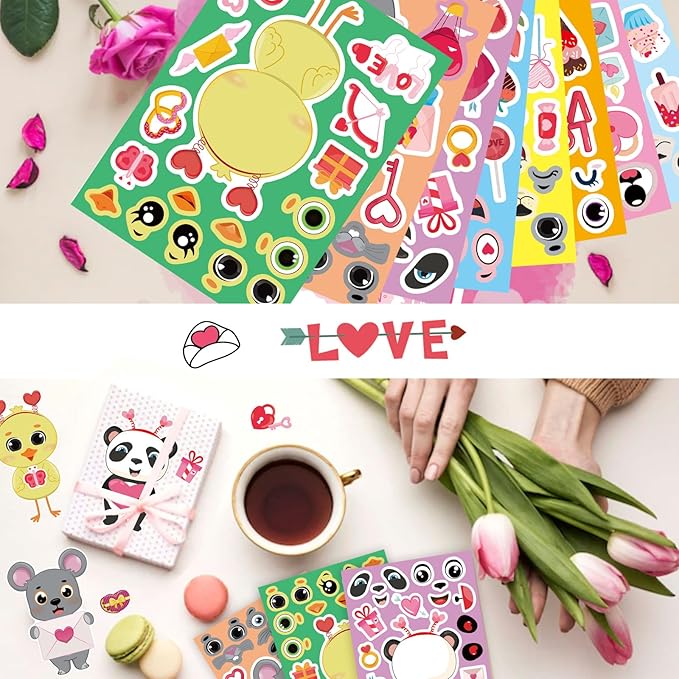 32 sheets valentine stickers for kids, valentines crafts heart love sticker make a face stickers, make your own animal stickers valentines gifts for kids classroom valentine goodie bags party favors