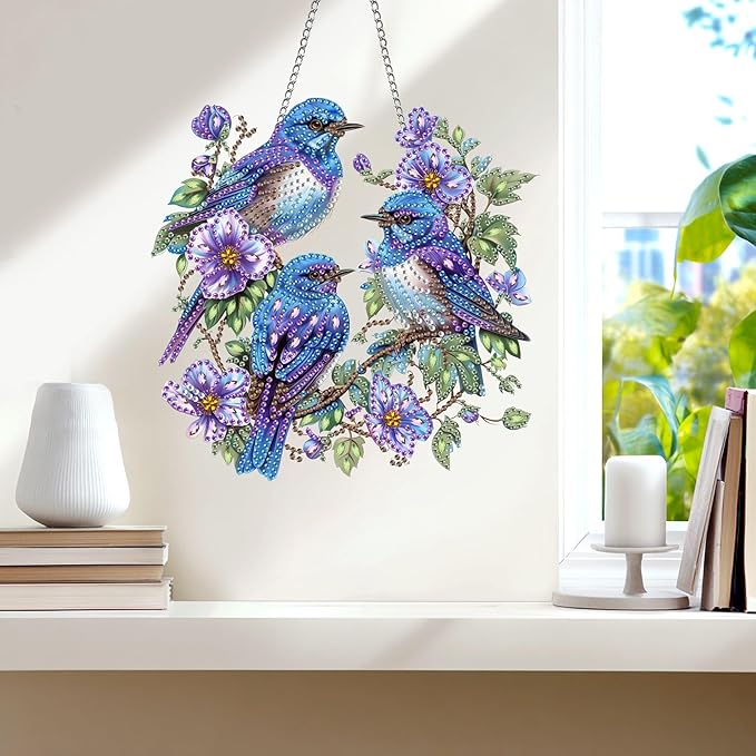Wergund 5D DIY Bird Diamond Art Hanging Kits, Hanging Diamond Art Flower, Acrylic Special Shaped Rhinestone, Window Hanging Pendants for Home Wall Garden Front Door Outdoor Decor Gift(Bird)