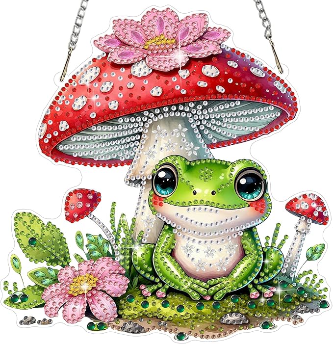 MEIYUDA Frog Diamond Art Hanging Kits for Adult, Mushroom Frog Diamond Painting Hanging Kits Ornaments, Animals DIY Special Shaped Rhinestone Window Pendants kit for Home Garden Wall Decor Gift