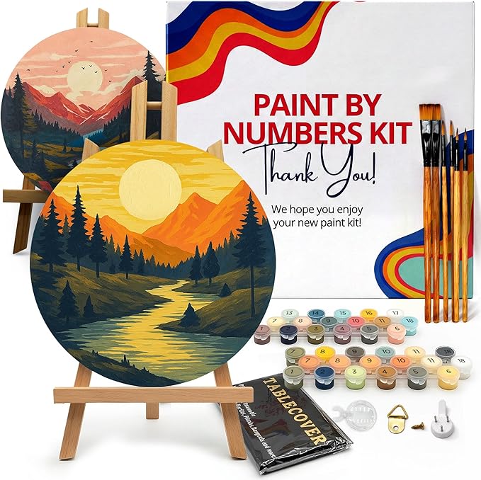 KularStock Paint by Number Kit for Adults – 2 Pack Framed Canvas (10 Inch Round), Easy Paint by Numbers for Beginners, DIY Painting Kit with Easel, Brushes & Acrylic Paint Set