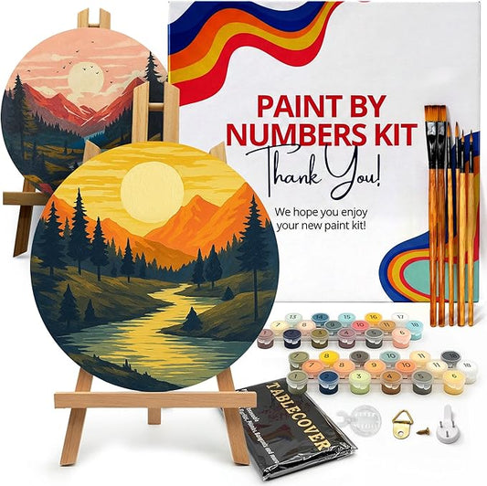 KularStock Paint by Number Kit for Adults – 2 Pack Framed Canvas (10 Inch Round), Easy Paint by Numbers for Beginners, DIY Painting Kit with Easel, Brushes & Acrylic Paint Set