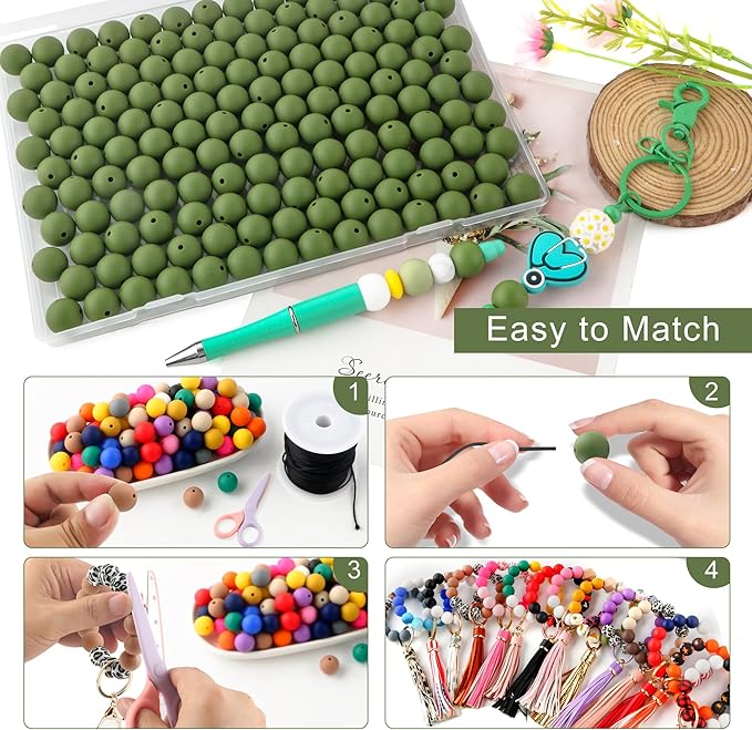 150Pcs 15mm Silicone Beads for Keychain Making Bracelet Necklace, Bulk Round Silicone Beads for Pens（Bean Green）