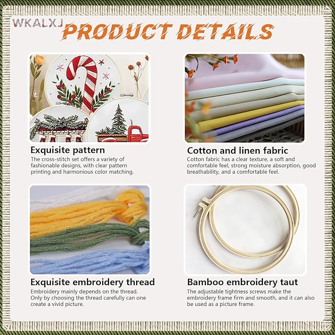 wkalxj 4 sets embroidery kits for beginners adults, cross stitch kits, needlepoint kits with instruction, video, needle point kits with candy fireplace stocking truck patterns (4 sets b)