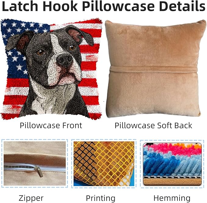 DIY Latch Hook Pillow Kits for Adults Cartoon Pitbull Dog with Flag Printed Pillowcase Crochet Yarns Hooking Handmade Pillow Cover Cushion for Home Sofa Decoration 17x17inch-1