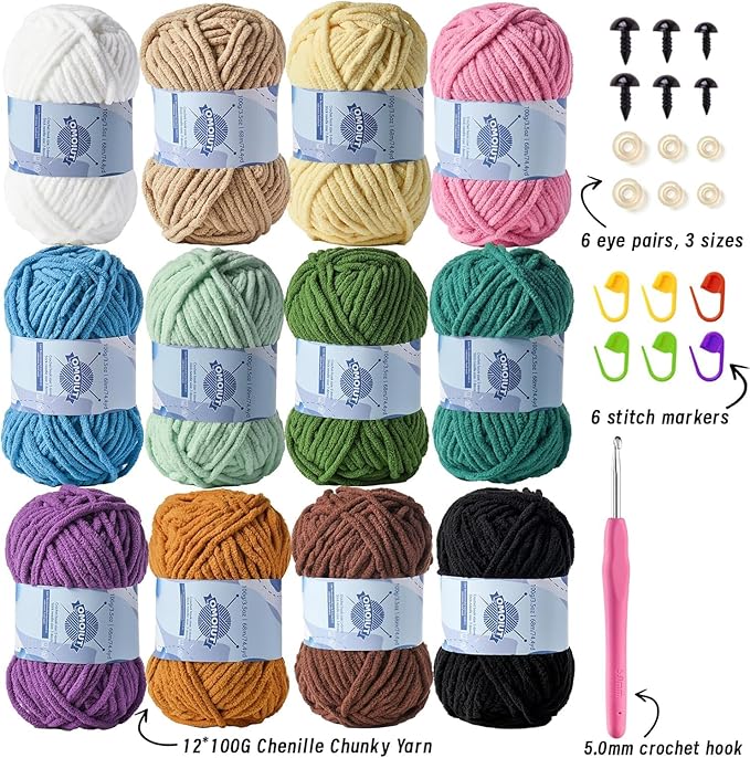 12 Pack Fluff Chenille Chunky Yarn for Crocheting Premier Puzzle - Velvet Baby Crochet Yarn with Black White Purple Pink Blue Coffee Red Premier Khaki Yellow Amigurumi Yarns Set B