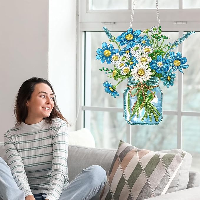 Yomiie Bouquet Vase Sun Catcher Window Hanging - DIY Double Sided Flowers Diamond Painting Pendant Kit, Acrylic Diamonds Art Ornament for Front Door Sign & Indoor/Outdoor Garden Decor(8x8 inch)