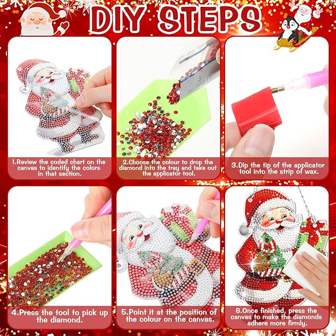 Pickmesh 6 Pcs Christmas Diamond Painting Hanging Sign Set Santa Snowman Gingerbread Man Diamond Art Kits 5D DIY Christmas Ornaments Kits for Winter Wall Door Window Decor