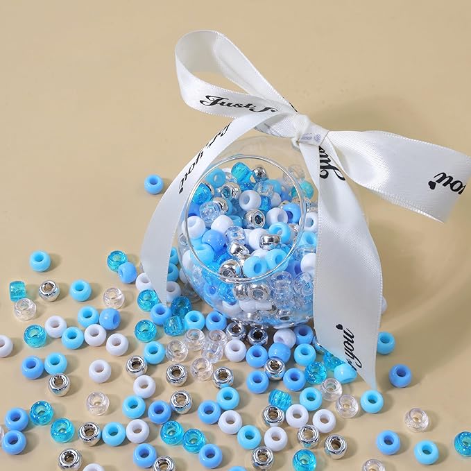 1000Pc Boxed Blue Pony Beads, Blue and White Hair Beads, 9 MM Plastic Craft Bead with Large Hole for Jewelry Making, Bracelets, Necklaces, Hair Braiding and DIY Crafts
