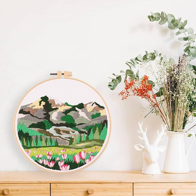 harimau 4p beginner embroidery kit,floral plant pattern,cross stitch kits, including stamped embroidery cloth with 2 embroidery hoops, color threads and embroidery kits
