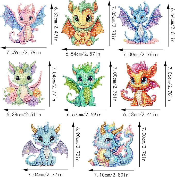 Masendp 8 Pieces Diamond Painting Keychain Cartoon Style Diamond Art Jewelry Double Sided 5D Diamond Painting Kit for Beginners Adult DIY Art Craft Gift Home Decor (Dragon)