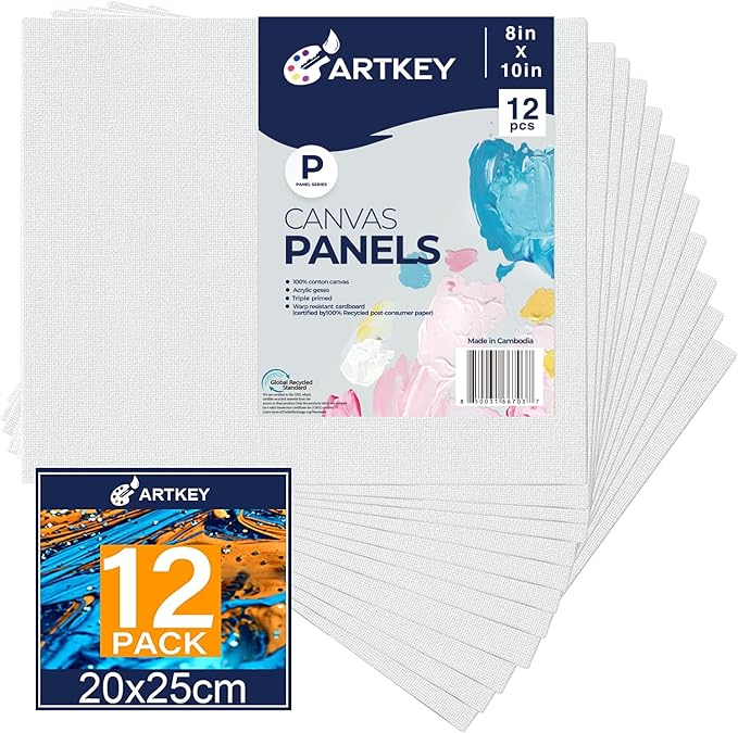 Artkey Canvas Boards for Painting 8x10 Inch 12 Pack, 10 oz Primed 100% Cotton White Blank Canvases for Painting, Art Supplies Paint Canvas Panels for Acrylic Oil Watercolor Tempera Paints