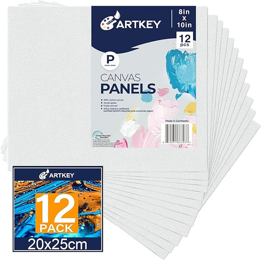 Artkey Canvas Boards for Painting 8x10 Inch 12 Pack, 10 oz Primed 100% Cotton White Blank Canvases for Painting, Art Supplies Paint Canvas Panels for Acrylic Oil Watercolor Tempera Paints