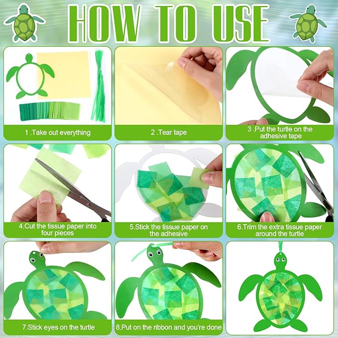 30 Pcs Sea Turtle Suncatchers Paper Craft Set Ocean Tortoise DIY Stained Glass Effect Tissue Paper Kits Gift Bulk for Summer Activities Art Party Decor