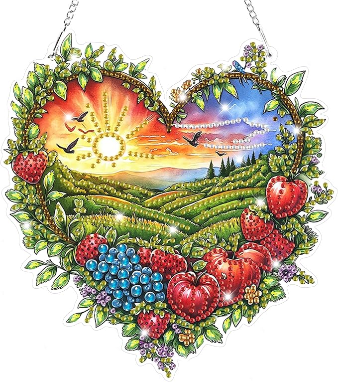 Bowetile Heart Shape Diamond Art Hanging Fruit Kits for Adults, 5D Special Shape Diamond Painting Landscape Window Pendant Kits, Gem Art Suncatchers Ornament for Home Garden Wall Decor