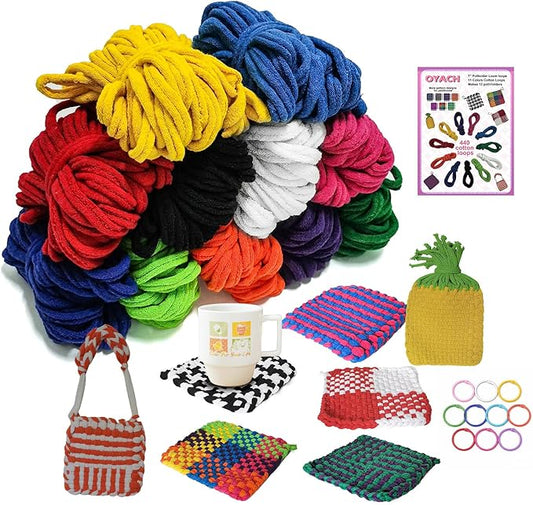 OYACH 440pcs 7inch Cotton Potholder Weaving Loom Refill Loops,11 Colors Rainbow Loops Bands,Pot Holder Loom Loops Pack with Hooks for Kids Adults DIY Crafts,12pcs Cotton Potholders(Loom not Included)