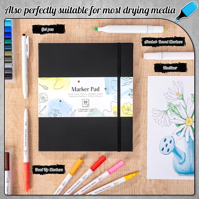 50 Sheets Hardcover Marker Paper Pad, 7.5x8.5in Alcohol Marker Paper Sketch Pad, 73lb/120gsm Heavyweight Spiral Sketch Book, Painting Coloring Drawing Paper for Beginners Artists Ideal Gift