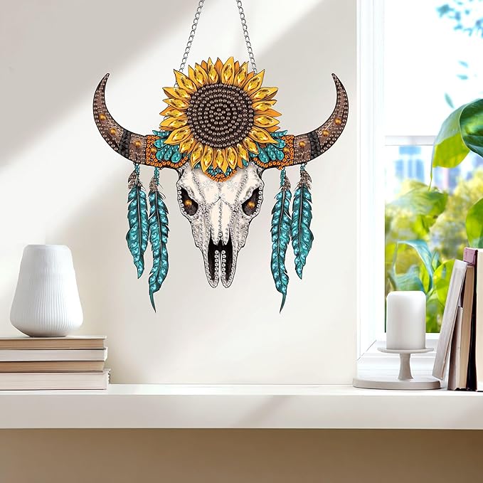 Wergund 5D DIY Sunflower Diamond Art Hanging Kits, Hanging Diamond Art Skull, Acrylic Special Shaped Rhinestone, Window Hanging Pendants for Home Wall Garden Front Door Outdoor Decor Gift(Sunflower)