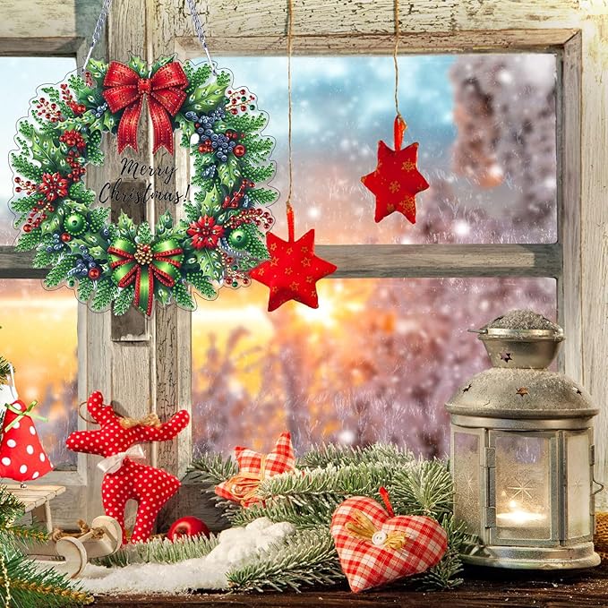 VODAPYC Christmas Wreath Diamond Art Hanging Kit for Adults, DIY Double Sided Special Shaped Diamonds Art Window Pendant Ornament for Home Decor(Christmas Wreath-1)