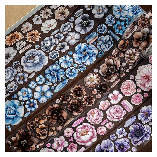 Flower Washi Tape Stickers for Journaling Supplies, 6 Rolls of Vintage Floral Scrapbook Stickers for Scrapbooking, Junk Journal Supplies, DIY Crafts, Planner(Night)