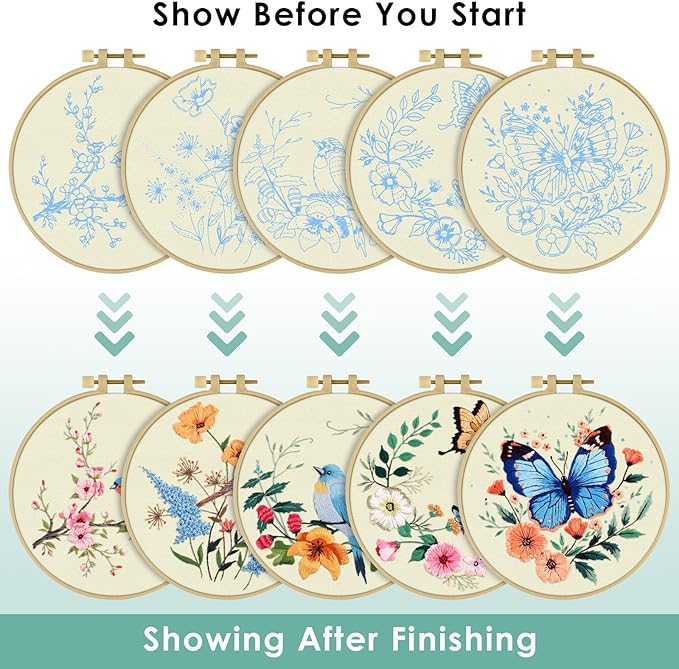 ERKOON 5 Sets Embroidery Kit for Beginners, Hummingbird Cross Stitch Set for Include Embroidery Cloth Hoops Threads for Craft Lover Hand Stitch (Hummingbird and Butterfly)