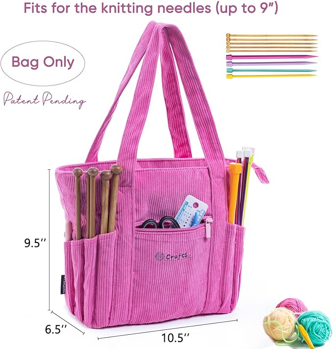Crochet Bag and Tote - Corduroy Yarn Bag - Yarn Holder for Crocheting - Crochet Storage Bag for Crochet Hooks, Crochet Accessories, Knitting Bag for Crochet Lovers, Mom Gift