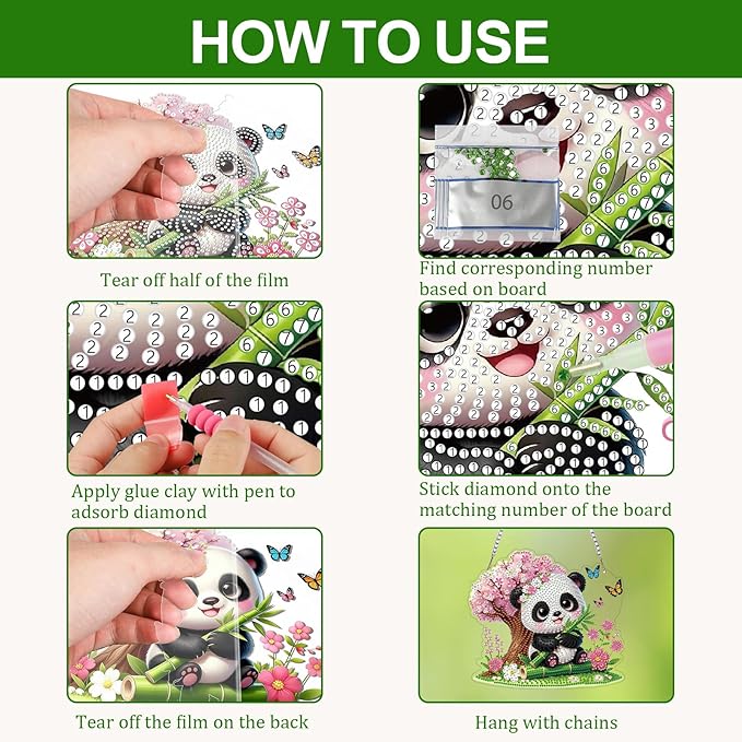 CEOVR Panda Diamond Painting Pendant, Animal Hanging Diamond Art for Adults, DIY Gem Art Wall Hanging Ornament, Acrylic Home Garden Decor with Chain, Box Kit 7.79×6.9inch