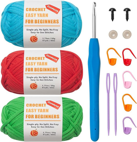 Beginners Crochet Yarn for Crocheting, Cotton Yarn for Crochet, 3 Pack×1.8 oz Amigurumi Yarn with Easy-to-See Stitches, Thick & Soft, Worsted Medium # 4 Yarn, Cotton-Nylon Blend-Orange/Green/Blue