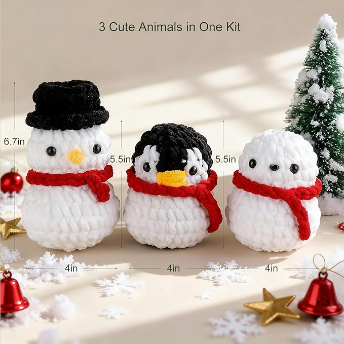 DoodleTwyst Amigurumi Crochet Kit – DIY Crochet Kit with Yarn & Tools – Fun Crochet Kits for Adults (Seal, Penguin, Snowman)