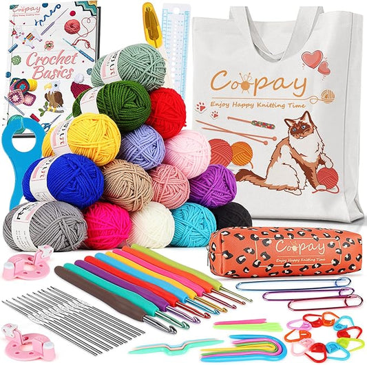 coopay crochet kit beginners crochet starter kit with 15 colors yarn, 71pcs crochet beginners set crochet kit for adults, cat canvas tote bag full crochet accessories & instructions