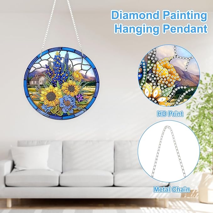 TOSTOG Diamond Art Hanging Kits for Adults, DIY Lavender Diamond Paintings for Adults Window Pendant, Special Shape Diamonds Sunflower Diamond Paintings Hanging Pendant Kit for Wall Decor Gift