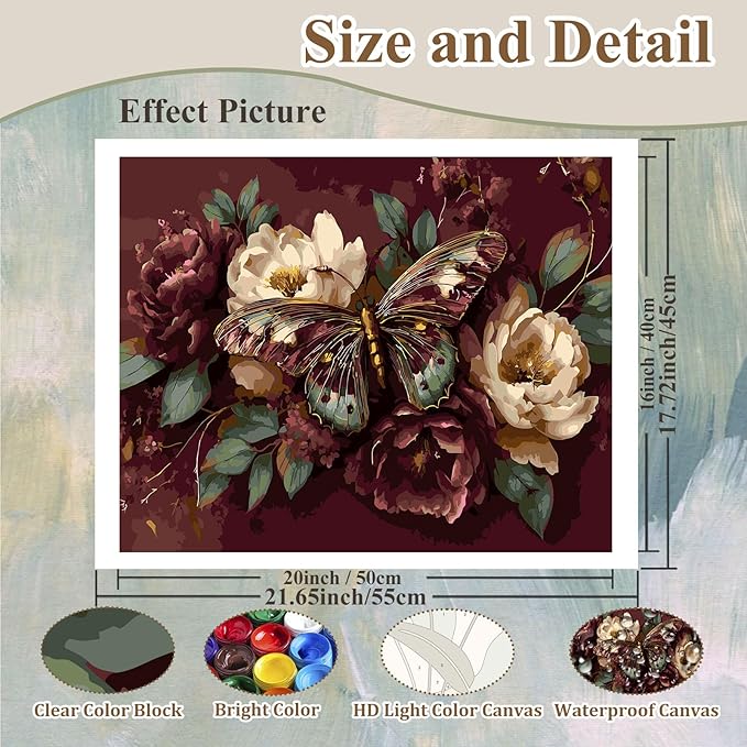 HMZephitiquc Butterfly Paint by Numbers Kit for Adults, Paint by Numbers for Adults Peonies, Flowers Painting by Numbers, Acrylic Oil DIY Crafts for Gift Home Decor 16x20 in