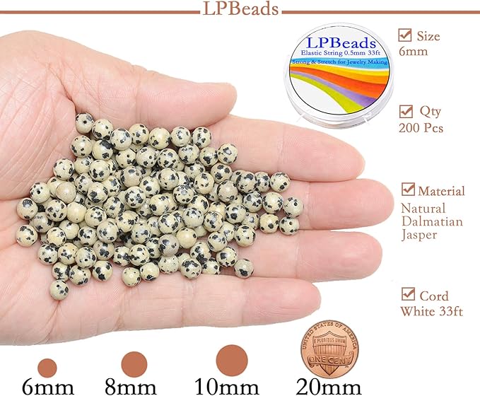 LPBeads 200Pcs Polished 6mm Round Natural Dalmatian Gemstone Loose Beads with Stretch Cord for Jewelry Making Bracelets