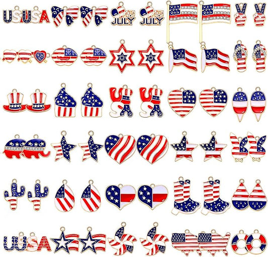 60PCS Patriotic Charms 4th of July Pendants for Jewelry Making Independence Day American Flag Heart Star Charms for Necklace Earring Bracelet Making Holiday Decorations