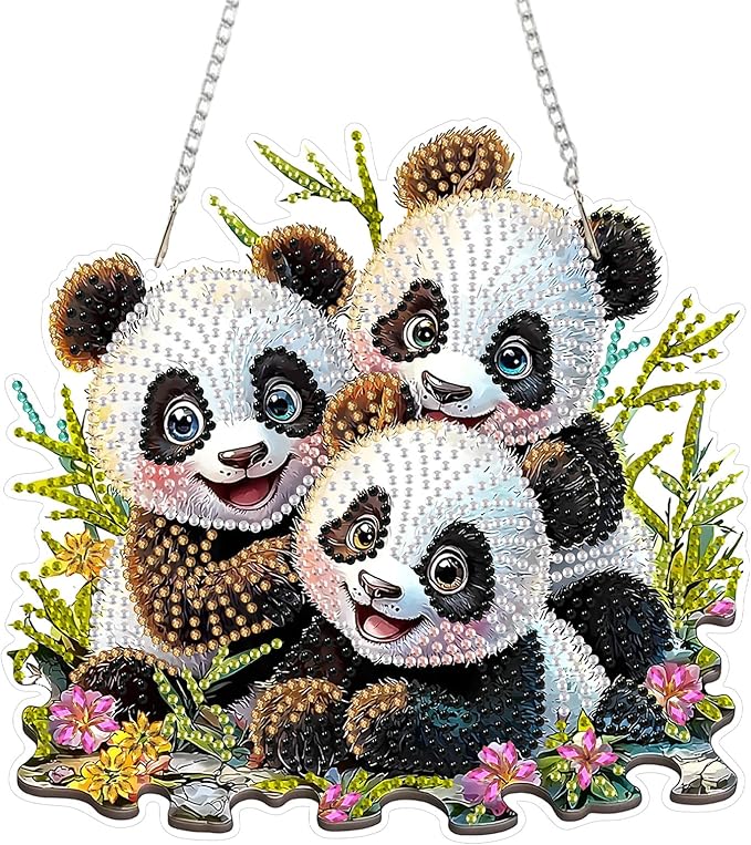 SENQAO Panda Hanging Diamond Art Painting Kits for Adults Beginners, 5D Special Shape Diamond Art Kits, Cute Panda Crystal Rhinestones Diamond Gem Art Painting for Home Garden Wall Decor