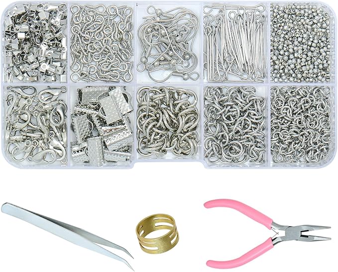 Gacuyi Jewelry Making Supplies Kit, Jewelry Repair Tools Kit with Pliers, Open Jump Rings, Lobster Clasps, Earring Hooks, Eye Pins, Findings and Beading Wires for Adults and Beginners (Silver)