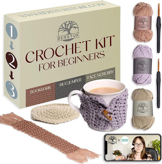 Berstuk Beginner Crochet Kit for Adults – Easy Projects with Step-by-Step Video Tutorials - Complete Kit for Functional Projects - Left & Right-Handed Instructions