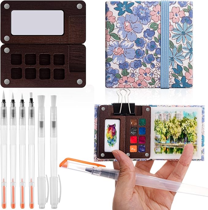 Qilery Mini Portable Watercolor Palette Set Wooden Grid Paint Box Watercolor Paper Sketch Book Brush Pens with Binder Clip for Painters Artist Not Include Paint(Summer Flowers)