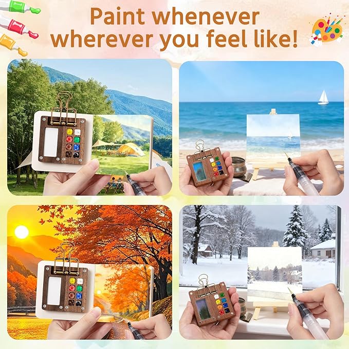 Mini Watercolor Travel Paint Set,22Pcs Artist Watercolor Palette Travel Set with Colors,Wooden Paint Box,Brush,Holder,Oil Cup,Plastic Bottles Storage Bag for Beginners Artists Student(8 Grids)