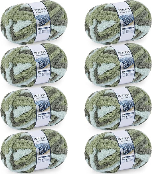 Chunky Yarn for Hand Knitting - #10 Chunky Chenille Blanket Yarn, Jumbo Big Thick Chunky Yarns for Crocheting, Tie Dye Bulky Knit Yarns, 8 Skein (25 yds 8 oz Each Skein), Forest & Sage & Mint