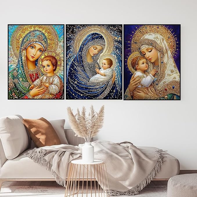 CHWGLFGG 5D Diamond Art Kits for Adults Beginners, 3 Pack Virgin Mary Diamond Painting Kits, DIY Full Round Drill Paint by Diamonds Dot Gem Art for Adults, Home Wall Decor 12x 16 Inch
