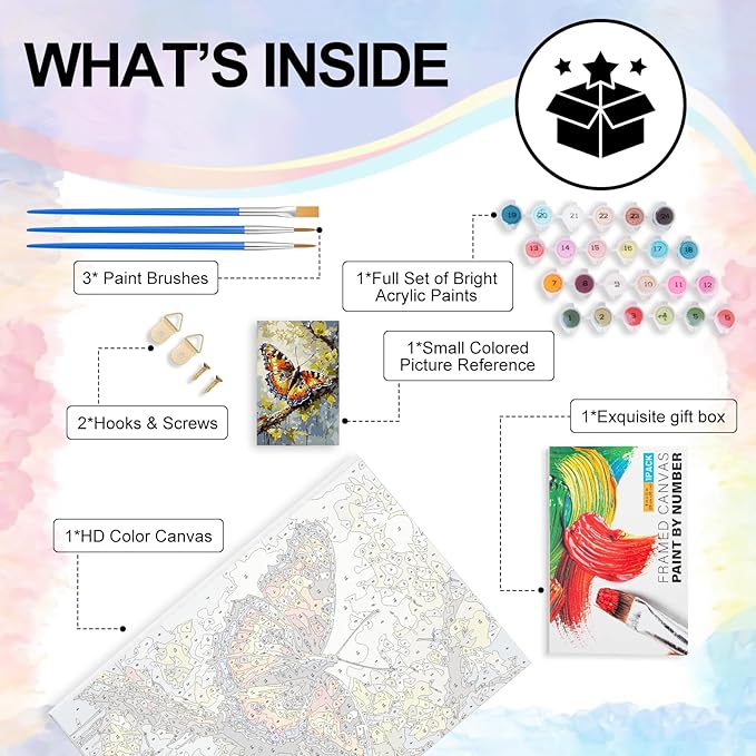 Yezavesu Framed Paint by Numbers Kit for Adults Beginner & Kids Ages 8-12, Butterfly Paint by Numbers with Frame, DIY Number Painting for Adults Butterfly for Home Wall Decor Gift 8X 12 inch