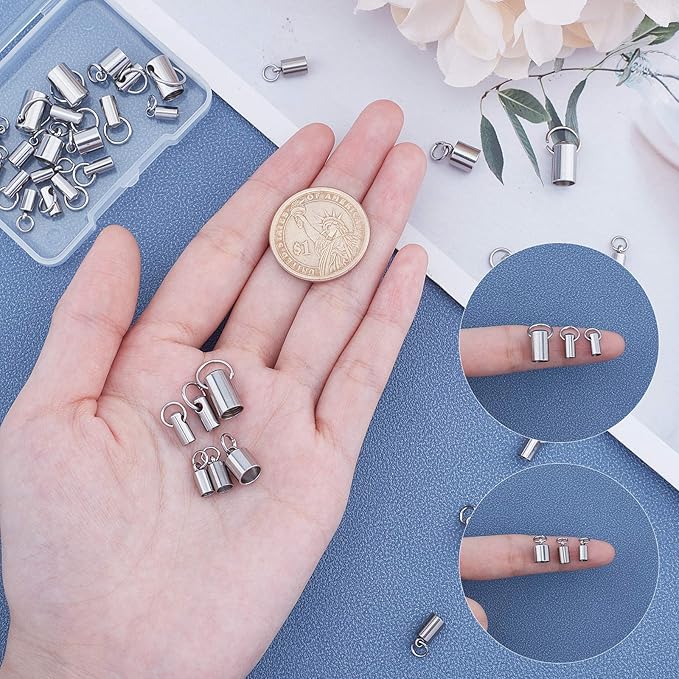 UNICRAFTALE About 36pcs 2 Styles Stainless Steel Cord Ends Column Leather End Caps 3.2~6mm Inner Diameter Cord End Terminators Cord Finding for Jewelry Making Kit, Stainless Steel Color
